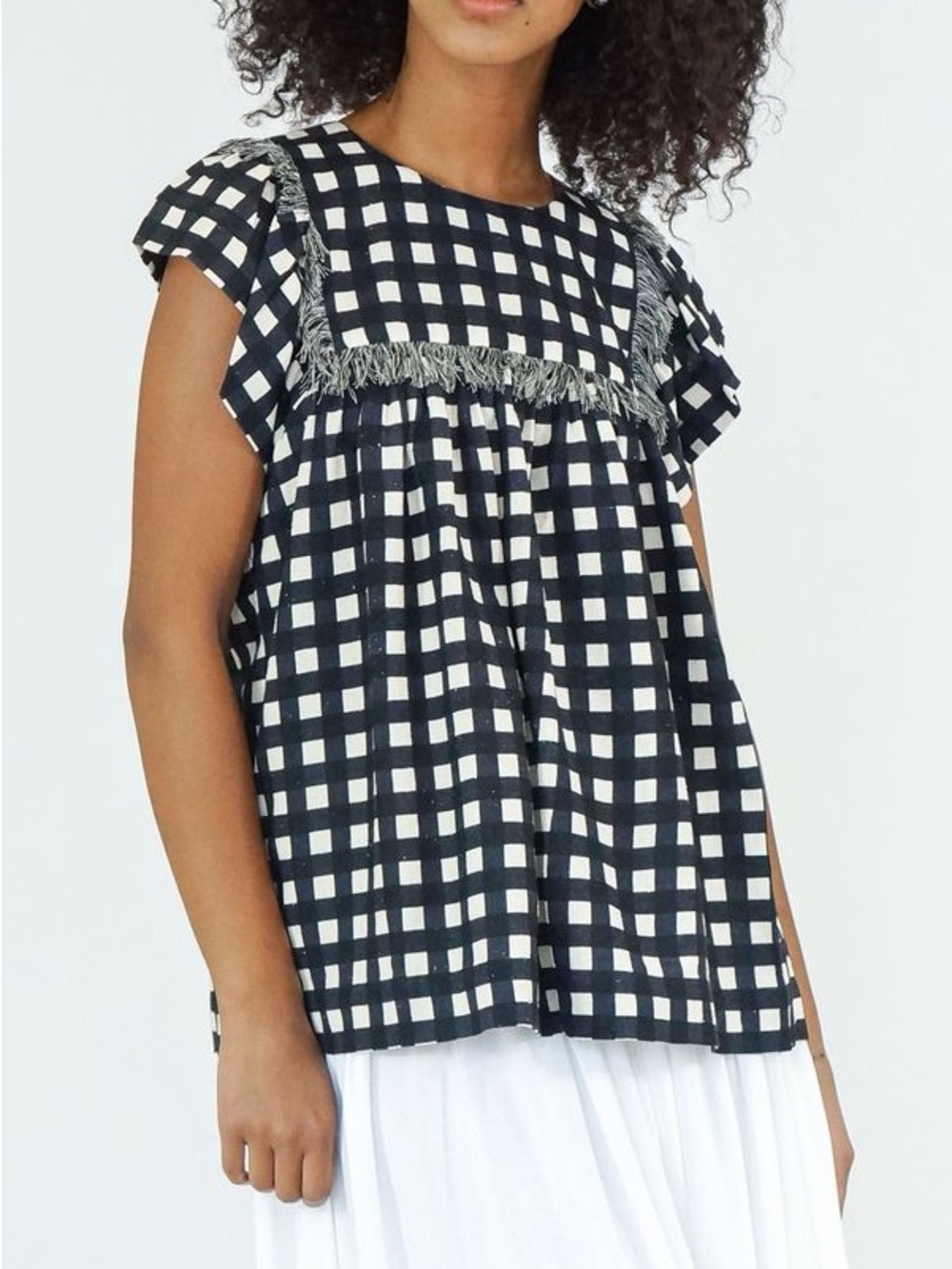 Ulla Johnson Brice Black and White Gingham Silk Fringe Short Sleeve Top